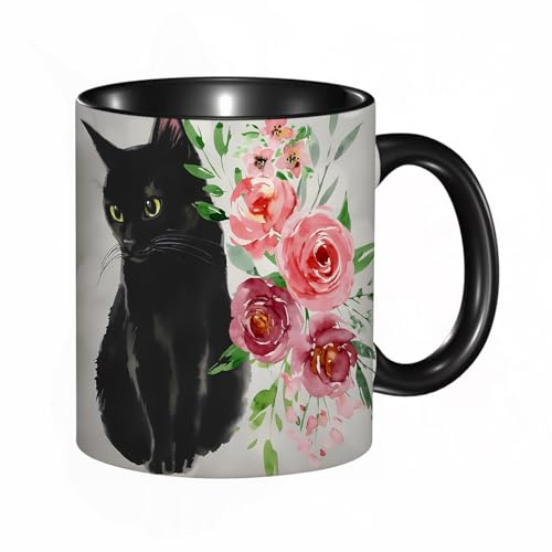 HRRASFAZF Tasse à Café | Tasse Céramique Fine | Cadeau Original | 330ml | Mug avec Anse | Cadeau Original pour Homme et Femme | Chat de dessin animé en peluche avec des roses. Chat siamois aux yeux o