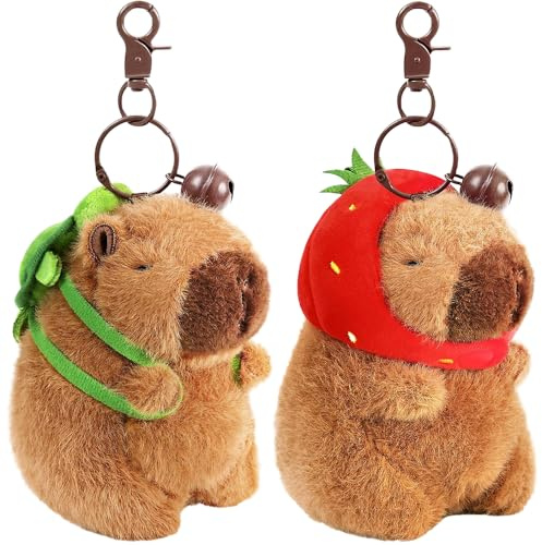 KBIBCK Capybara nyckelknippa plysch, 2 stycken gosedjur, nyckelring, hänge, jordgubbe, nyckelring, plysch för barn och vuxna, ryggsäck, BRUN, S