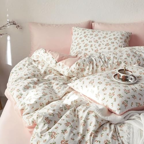 Sedefen Bettwäsche 135x200cm Rosa Weiß Blumen Blätter Wendebettwäsche Set Aesthetic Pflanzen Blümchen Floral Weich Mikrofaser ÖKO-TEX Bettbezug mit Reißverschluss und 1 Kissenbezug 80x80cm