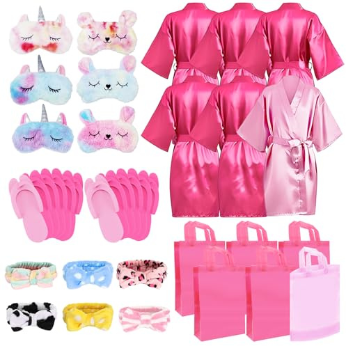 MSYU Lot de 30 fournitures de fête spa pour filles, 6 peignoirs en satin, 6 pantoufles pour enfants, soirée pyjama, fête d'anniversaire, spa – Étiquette de taille 8, rose rouge, rose