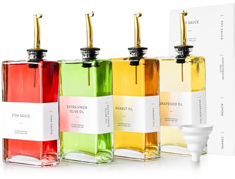 sweet grain Olive Oil Dispenser Bottle for Kitchen(4 Pack) - 17oz/500ml Oil And Vinegar Dispenser with 36 Labels and Silicone Funnel, Glass Soy Sauce Dispenser - Gold