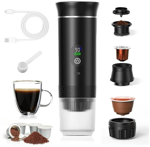 Aischens Cafetière Portative 3-en-1 Chauffage Rapide 80ml Pression 20 Bars | Écran de Température Intelligente, Compatible Capsules et Café Moulu, 7500mAh USB-C, Idéale Voyage et Bureau (Noir 2025)