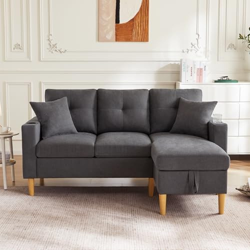Sofá moderno en forma de L, sofá de 3 plazas con chaise longue, espacio de almacenamiento, soporte integrado para bebidas, viene con 2 almohadas, adecuado para salón, oficina, apartamento, etc., 175 x