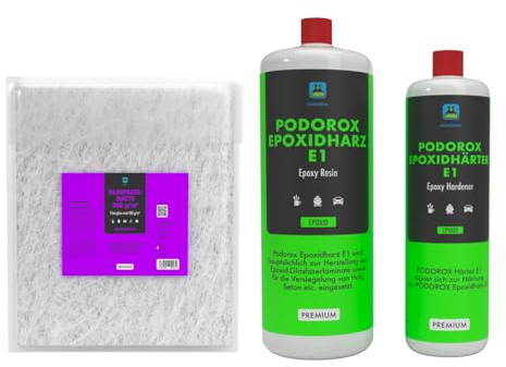 PODOROX E1 Epoxidharz Set mit Härter & Glasfasermatte | 1,5 kg Epoxidharz + 1 m² Glasfasermatte 300 g/m² | Reparatur & Laminier Set für GFK, Holz, Boote, Modellbau | Geruchsarm & Transparent