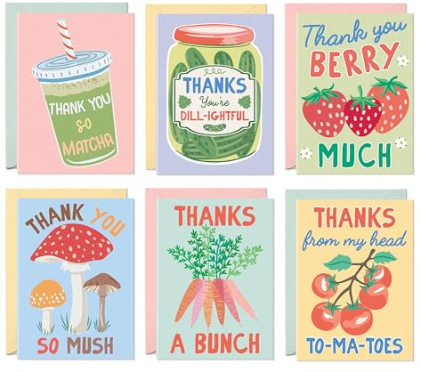 Sweetzer & Orange S&O Funny Thank You Cards – 24 Punny Blank Cards with Envelopes – 6 Cute Card Design – 4x5.5 Appreciation Note Cards – Glossy Outside, Matte Inside – Pink, Green & Yellow Envelopes
