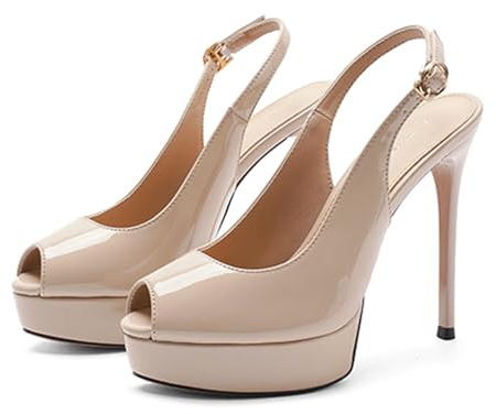 Womens Platform Peep Toe Slingback Stiletto Pumps Fashion Fish Mouth Round Toe Buckle Backstrap Thick Sole High Heels for Prom Date Party Shopping Wedding (Apricot,8.5)