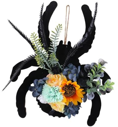 Corona en forma de arácnido con flor artificial y hoja para decoración interior y exterior, adorno colgante de puerta de Halloween, corona artificial de Halloween