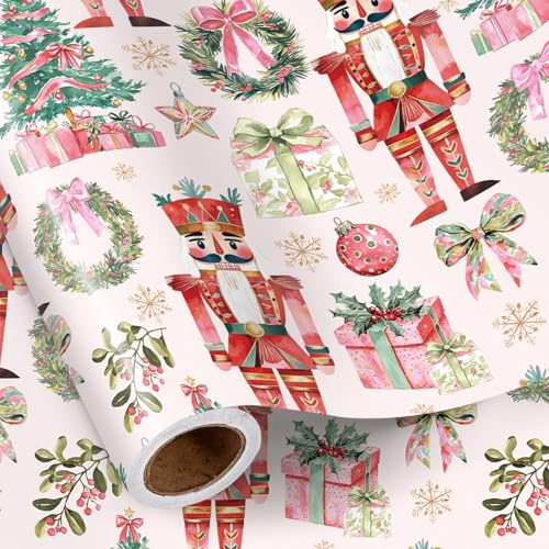 RUSPEPA Rouleau De Papier Cadeau De Noël Casse-Noisette, Motif Casse-Noisettes Rouges Vintage, Sapins Et Couronnes, Papier Cadeau Rose Pour Enfants, Filles, Amis, Fêtes De Noël, 43,2 Cm X 5 M