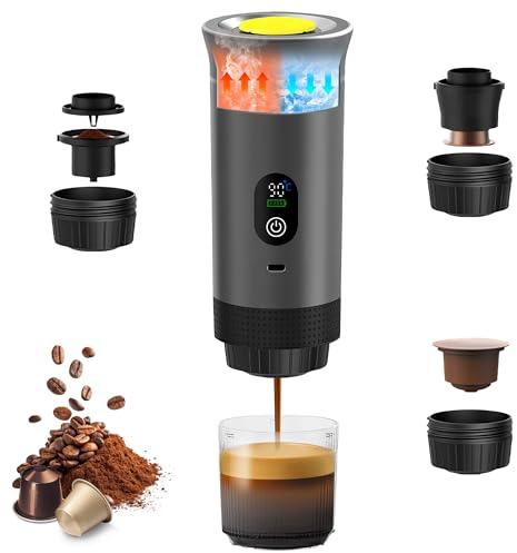 Bostar Tragbare Espressomaschine 3 in 1 mit digitaler Temperaturanzeige, Elektrische Kaffeemaschine Espresso Maker für Camping Reise, Kompatibel mit Klein/Groß Kapseln Gemahlen (Metallic-Grau)