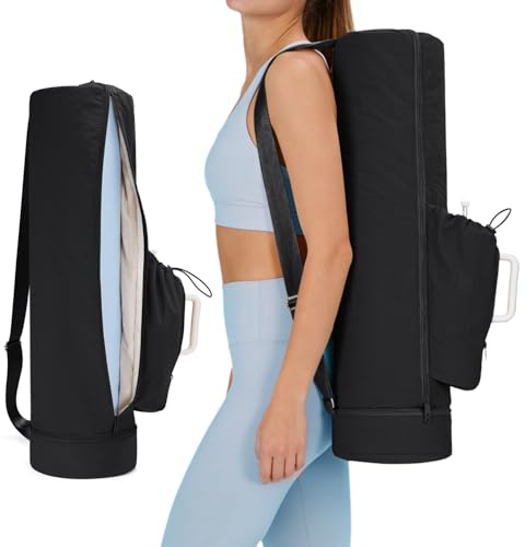 sportsnew Puffy Yoga Mat Bag Yoga Gym Bags for Women Men, Full-Zip Pilates Bag with Wet Pocket & Side Zip Drawstring Pocket Fits Tumblers with Handle, Yoga Mat Storage for Quick Access, Black