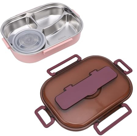 Oreilet Stainless Steel Lunch Box, 1.5L Metal Bento Box with Lids, Soup Bowl, Portable Food Storage Containers Lunchbox Meal Prep Container for Travel Work School Adults (Pinkish Purple)