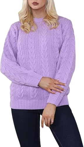 Womens Chain Link Pattern Knitted Jumper, Ladies Casual Winter Long Sleeve Crew Neck Diamond Thick Chunky Cable Thick Knit Sweater Pullover Jumper Tops Sweatshirt, UK Plus Size 8-22