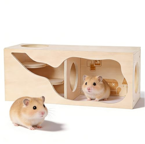 Holz-Hamsterhaus mit Tunnel & 2 Kammern, Robust & Atmungsaktiv | Natürliches Versteck für Zwerghamster, Syrische Hamster, Rennmäuse & Igel, hamster zubehör für Käfig & Terrarium