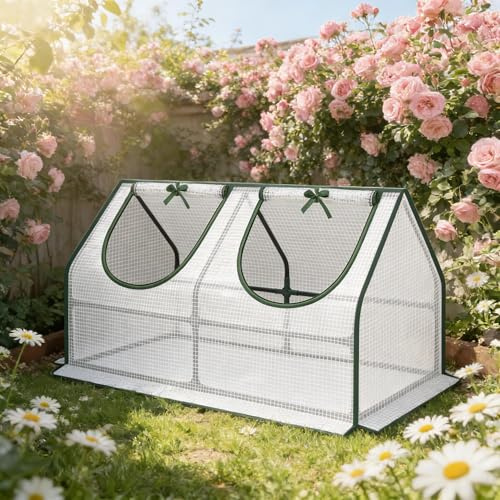 Invernadero pequeño de 120 x 60 x 60 cm, estable con ventanas enrollables y película de invernadero reforzada, resistente a los rayos UV y al agua, ideal como casa de tomates para balcón y terraza