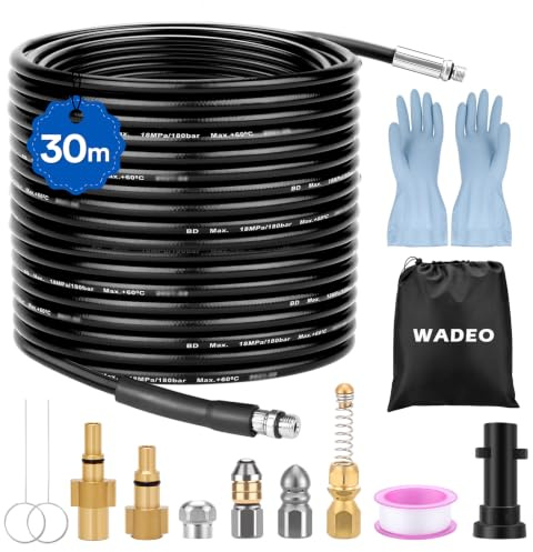 WADEO Manguera de Limpieza a Alta presión de 30 m, 400 bar/5800 PSI, Compatible con Kärcher K2-K7, Lavor, Bosch y Parkside; Kit de Limpieza Profesional con 4 boquillas y 3 adaptadores