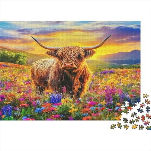 Mucca Highland Puzzle per Adulti Puzzle 1000 Pezzi Prato Fiorito Gioco di Puzzle 1000 Pezzi Relax Decorazione Casa 38x26cm/1000pcs