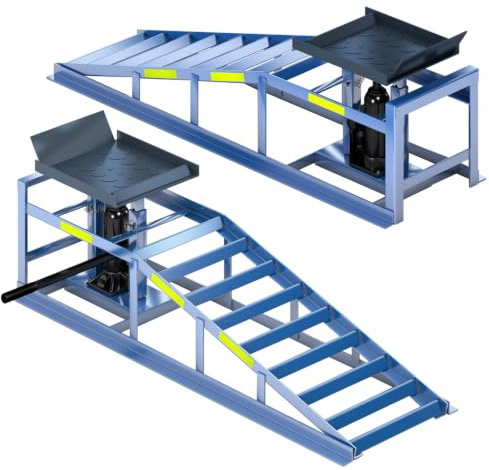 Rampes de Levage Hydrauliques 5 Tonnes (5 000 kg) – Lot de 2 – Plateforme Réglable de 25 à 38 cm – Structure Acier Soudé Renforcé – Bandes Réfléchissantes – pour Voiture, SUV