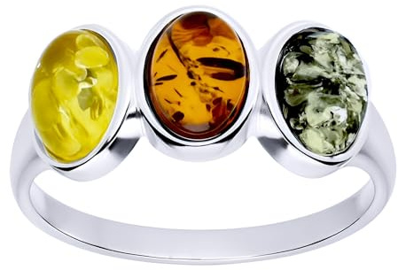 Trefärgad rund 3-sten bärnsten sterlingsilver ring – gul, grön, orange bärnsten smycken – storlekar L-R tillgänglig, Q, Metall, Bärnsten