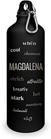 Trinkflasche mit Namen Magdalena - graviert mit Positive Eigenschaften, Aluminiumflasche mit Gravur, Sportflasche - matt schwarz
