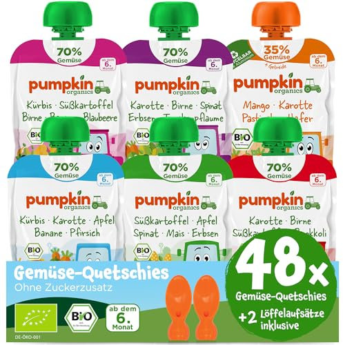 Pumpkin Organics 48er Pack ERSTE LIEBE Bio Gemüse-Quetschies mit 2 Löffelaufsätzen - Quetschie ohne Zuckerzusatz¹ - Beikost unterwegs - für Babys ab dem 6. Monat - Beliebtesten Quetschies (48x100g)