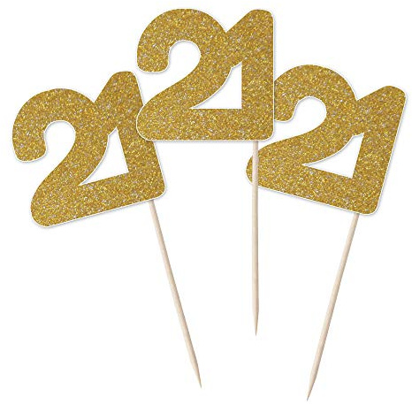 Number 21 Cupcake Toppers - 12pk Cake Decoration, Birthday, Anniversary, Pick, Pics, Twenty One (Gold Glitter)