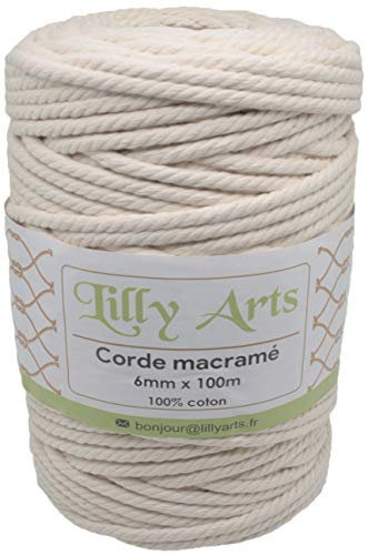 Lilly Arts Macrame corda 100% cotone - 6mm x 100m - cordoncino per decorazioni murali, piante sospese, packaging, fai-da-te - filo macrame, filato macrame (Natural)