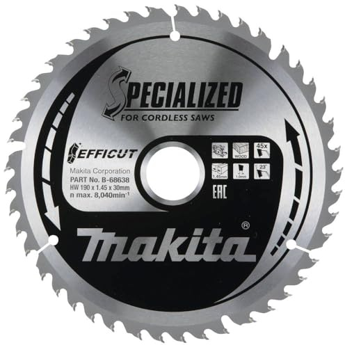 Makita B-68638 EFFICUT Metal Kreissägeblatt Ø 190 x 1,45 x 30 mm, 45 Zähne, 23° Zahnwinkel, für saubere und schnelle Schnitte in Holz, für Akku-Handkreissägen