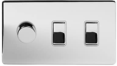 Soho Lighting Polished Chrome 3 Gang Light Switch with 1 dimmer (2x 2 Way Switch & Trailing Dimmer) Wht Ins Screwless