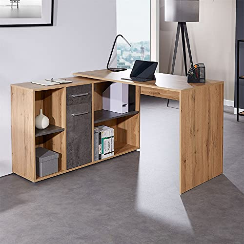 IDIMEX Bureau d'angle Carmen Table avec Meuble de Rangement intégre avec 4 étagères 1 Porte et 1 tiroir, décor chêne Sauvage et béton foncé