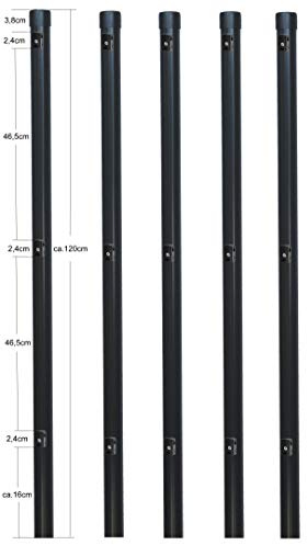 5x Metallzaunpfosten Ø34 mm, 120 cm, Pulverbeschichtet Anthrazit RAL 7016, inkl. 3 Spanndrahthaltern & Kappe, für Maschendrahtzaun bis 1 m, Garten, Tiergehege