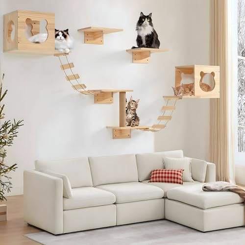 PETKABOO Cat Wall Furniture - Wall Mounted Cat Shelves with Condo, Ladder, Platform, Scratching Post and Steps