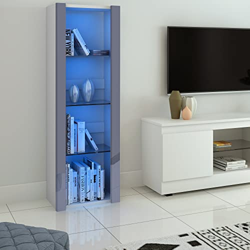 Panana 65inch Tall Bookcase Bookshelf Cupboard 3 Glass Shelves Sideboard Unit Cabinets Freestanding Tower Storage Stand Unit Wall Shelf With 16colors RGB LED Lights (Gray)