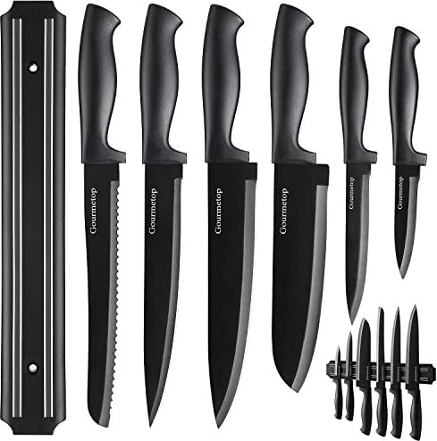 Gourmetop Kitchen Knife Set with No Drilling Magnetic Strip, Knives Set for Kitchen Black Cooking Knives, Sharp Chef Knife Set for Cutting
