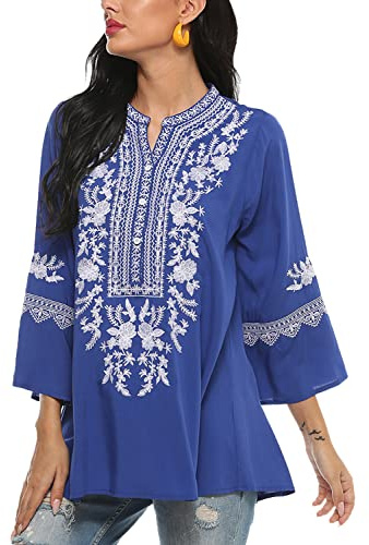 Higustar Women's Mexican Shirts Boho Embroidered Tops Traditional Style Peasant Tunic Plus Size Bohemian Mexico Blouse Blue