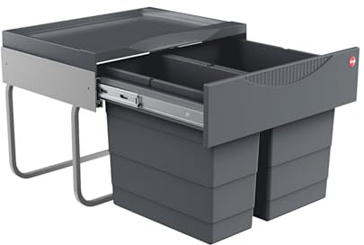 Hailo Abfallsammler 3644901 | 2fach Raumspar Tandem Abfalltrennsystem | 18 + 12L Inneneimer im Teleskop-Vollauszug | ab 50 cm breiten Unterschrank mit Drehtür montierbar | Dunkelgrau
