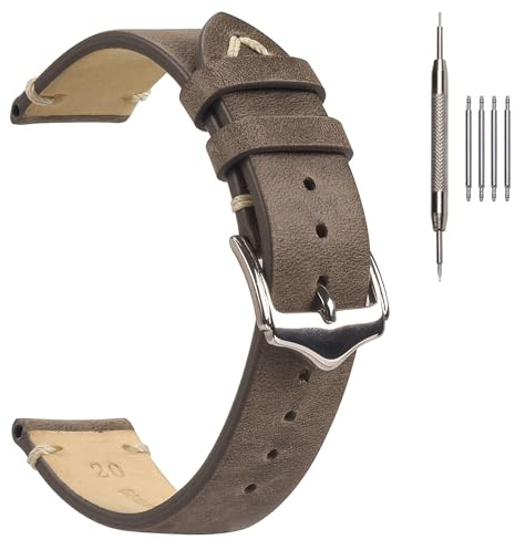 EACHE Bracelets de Montre en Cuir Gris Huile ciré à l'huile de 20 mm, Bracelet en Cuir Vintage pour Homme