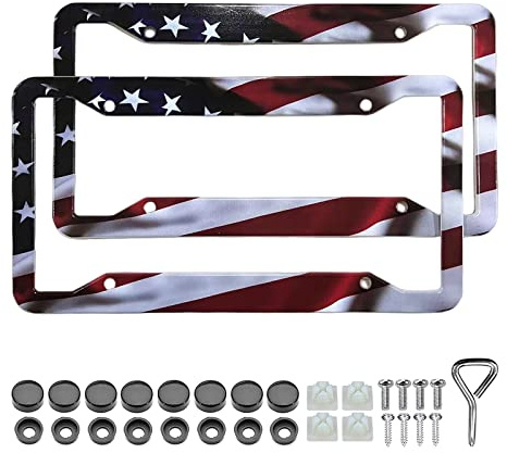 American Flag License Plate Frame Holder - 2 Pack Universal Aluminum Matte Stripe US Flag Gloss Patriotic Car Plate Frame Covers with Free Screws Fasteners Caps