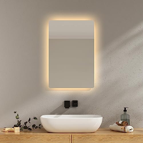 EMKE Miroir Lumineux de Salle de Bain Rétro-éclairé 60x40 cm avec Interrupteur à Bouton, Anti-buée, Lumière Blanche Froide et Chaude