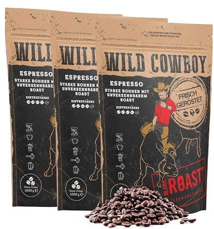 Blank Roast - Wild Cowboy Espresso - Espressobohnen 1kg (3er Pack) - mit Hickoryholz geröstet - Arabica & Edel Robusta - Blend aus Brasilien & Uganda - mit schokoladigen Nuancen - säurearm