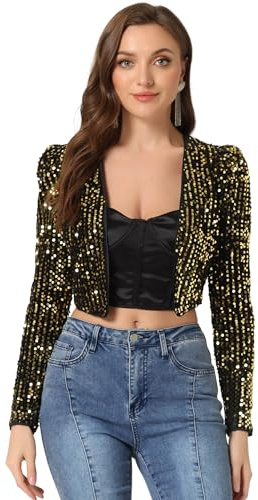 Allegra K Women's Sequin Shrug Open Front Collarless Glitter Sparkly Crop Blazer Jacket Small Black Gold
