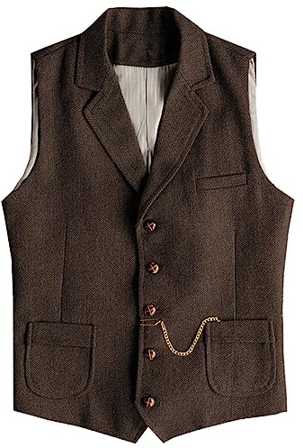 AeoTeokey Men's Western Herringbone Tweed Suit Vest Wool Slim Fit Waistcoat (Coffee,M)