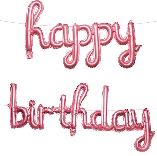 2 Stück Happy Birthday Ballon Banner, 40cm Ballon Buchstaben mit Band und Strohhalm Happy Birthday-Schriftballons Happy Birthday-Schild für den Hintergrund (Rosa)