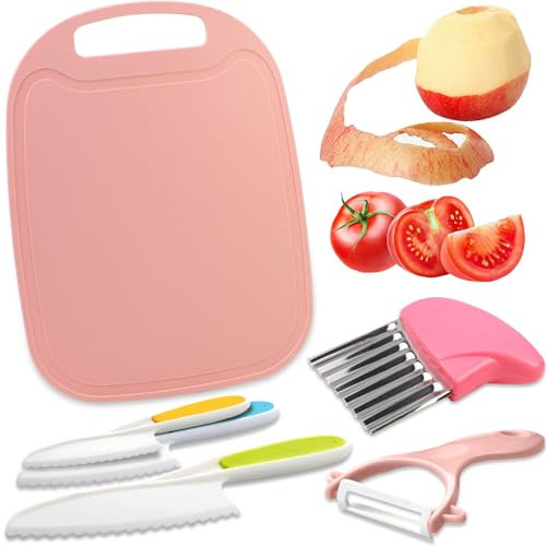 QINGHEC 6 Pcs Plastic Kitchen Knife Set, Toddler Chopping Set, Kids Safety Knife with Paring Knife,Potato Slicer,Cutting Board, Toddler Knife Set for Chopping Lettuce Salads-Pink