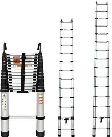 4.4M/14.4FT Teleskopleiter Aluminium Verlängerungsleiter Teleskopieren mit 2 Abnehmbaren Haken Mehrzweckleiter Dachbodenleitern für Dekoration, Malerei Wände, 150kg Kapazität