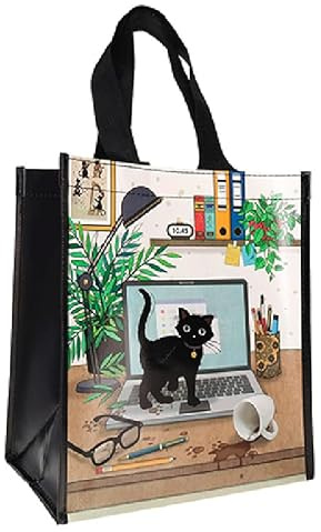 KIUB Einkaufstasche aus recyceltem Material – Motiv Katze bei Telearbeit mit ihrem Laptop – Format 30 x 26 cm mit einer Dicke von 16 cm, mehrfarbig