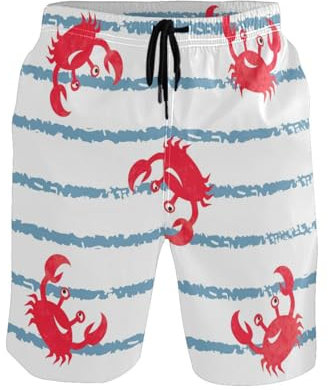 TDTRADD Herren-Badehose, blau, gestreift, niedlich, Aquarell, Krabben, rot, schnell trocknend, Strandmode, Sport, Laufen, Schwimmbrett-Shorts, Netzstoff, Blau gestreifte niedliche Aquarell-Krabben