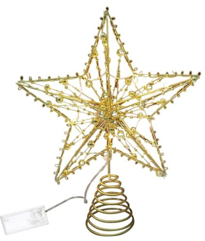 Christbaumspitze in Sternform beleuchtet 10 Leuchtperlen 20 x 25 cm Baumspitze hohl Weihnachtsdekoration Christbaumspitze für Weihnachten ohne Batterie Gold