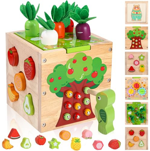 Zaxiva Motorikwürfel ab 1 2 3 Jahr, 5 in 1 Montessori Spielwürfel für Kinder, 49 Pcs Activity Würfel Baby Lernspielzeug aus Holz, Geschenke von Motorikspielzeug für Baby ab 18 Monaten
