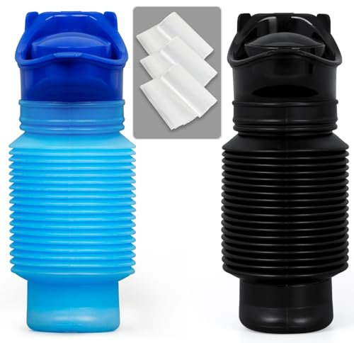Urinflaschen für Männer, zusammenklappbare Urinflasche mit Einwegbeuteln, tragbares Notfall-Urinal für Männer und Frauen, 750 ml, auslaufsicher, 2er-Pack, Set Urinflasche geeignet für Autoreisen,