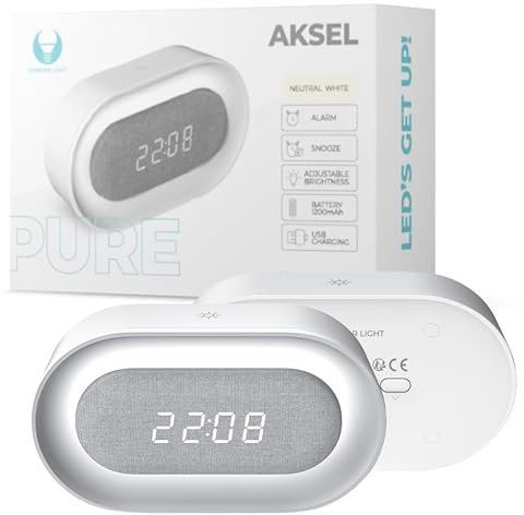 FOREVER Light LED Wecker mit Nachtlicht FNL‑07 Aksel | Digitaler Wecker mit 1200 mAh Akku, USB‑C, Sanfter Beleuchtung & Alarmfunktion | Geräuschlos | Weiß | Modern & länglich